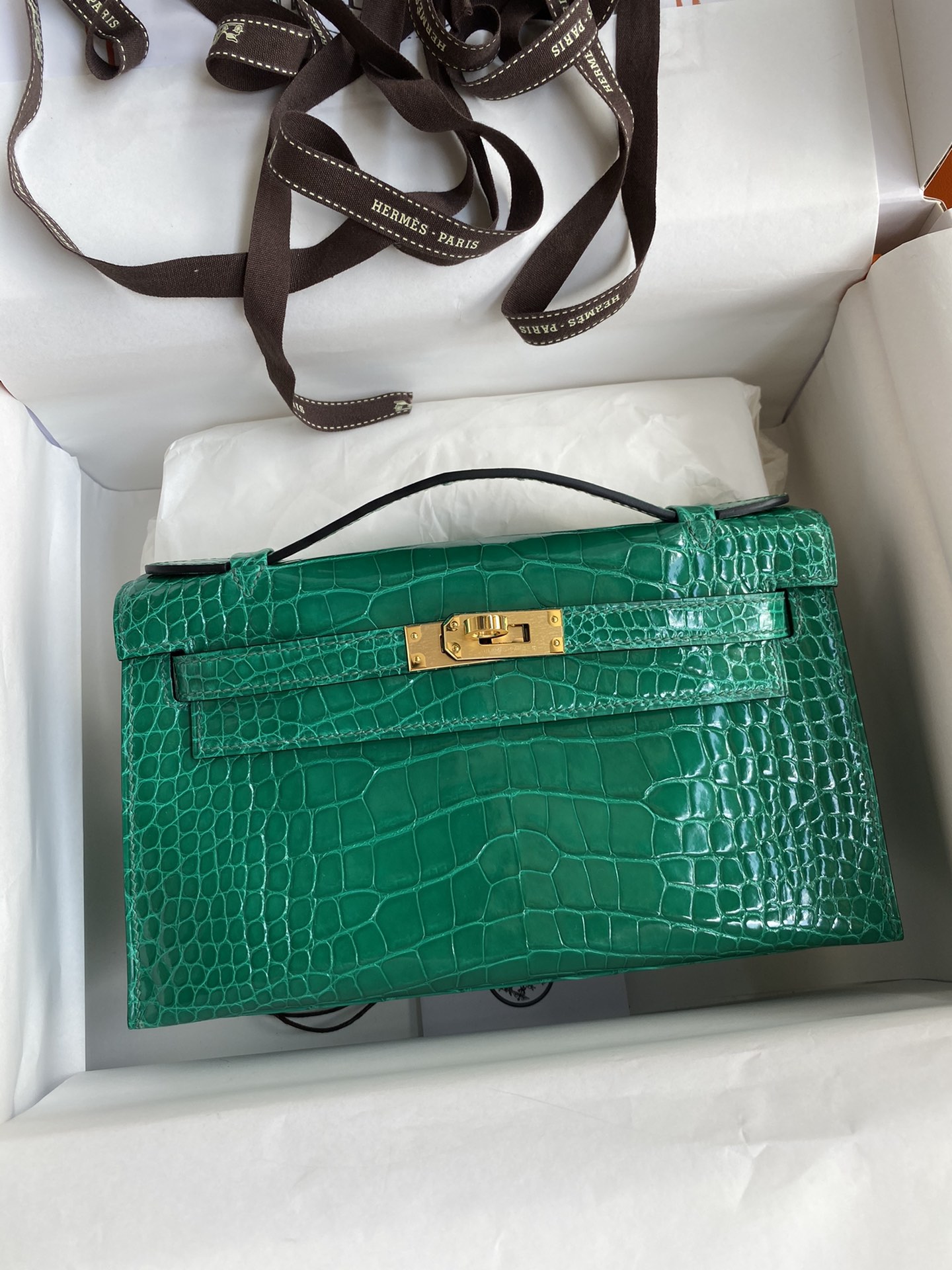 Hermes Mini Kelly Pochette 22cm Bag In Vert Emeraude Shiny Alligator Leather